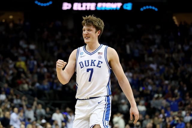 Kon Knueppel #7 of the Duke Blue Devils reacts against the Alabama Crimson Tide during the first half in the East Regional Elite Eight round of the NCAA Men&#39;s Basketball Tournament at Prudential Center on March 29, 2025 in Newark, New Jersey.