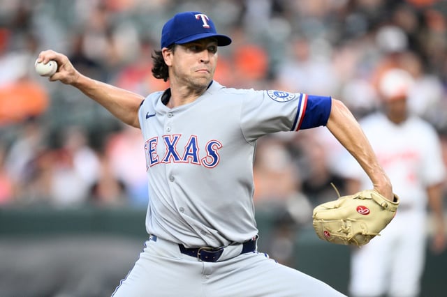 Texas Rangers starting pitcher Jacob deGrom throws during the second inning of a baseball game against the Baltimore Orioles, Wednesday, June 25, 2025, in Baltimore. (AP Photo/Nick Wass)