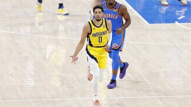 Jun 22, 2025; Oklahoma City, Oklahoma, USA; Indiana Pacers guard Tyrese Haliburton (0) reacts after against the Oklahoma City Thunder during the first half of game seven of the 2025 NBA Finals at Paycom Center. Mandatory Credit: Alonzo Adams-Imagn Images