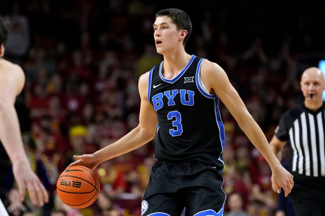 BYU guard Egor Demin drives up court during the first half of an NCAA college basketball game against Iowa State, Tuesday, March 4, 2025, in Ames, Iowa. (AP Photo/Charlie Neibergall)