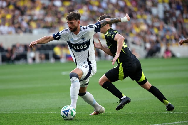 Jun 14, 2025; Columbus, Ohio, USA;  Vancouver Whitecaps defender Tristan Blackmon (33) dribbles the ball during the first half against the Columbus Crew at Lower.com Field. Mandatory Credit: Joseph Maiorana-Imagn Images/File Photo
