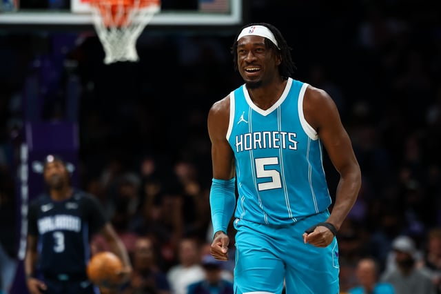 Mark Williams #5 of the Charlotte Hornets reacts during the second half of a basketball game against the Orlando Magic at Spectrum Center on March 25, 2025 in Charlotte, North Carolina.