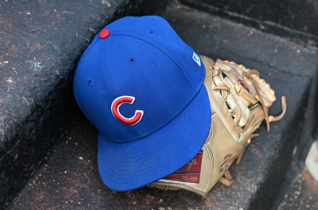 WASHINGTON, DC - JUNE 04: A view of a Chicago Cubs baseball cap on the stairs of the dugout during the game against the Washington Nationals at Nationals Park on June 04, 2025 in Washington, DC.