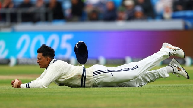 India's Yashasvi Jaiswal misses a catch.