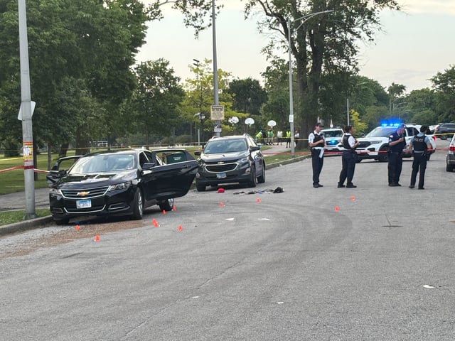 Chicago police investigate a shooting near Ogden Park in the Englewood neighborhood on June 25, 2025. 
