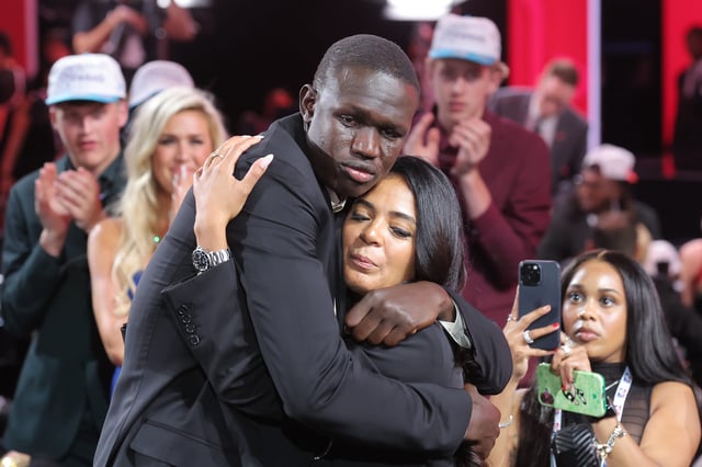 Khaman Maluach celebrates after being selected as the tenth pick by the Houston Rockets in the first round of the 2025 NBA Draft at Barclays Center.