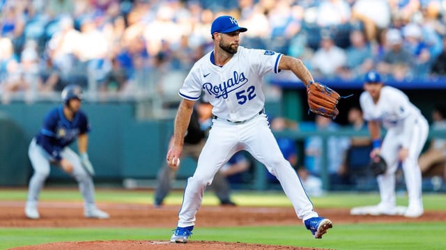 Royals right-hander Michael Wacha pitches against the Tampa Bay Rays at Kauffman Stadium in Kansas City on June 25, 2025.