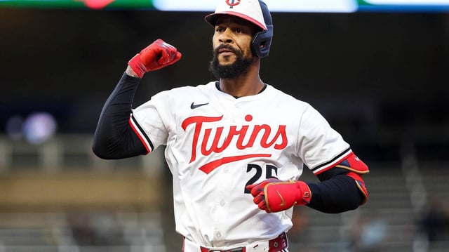 Byron Buxton of the Minnesota Twins celebrates his single against the Seattle Mariners during the sixth inning at Target Field on Wednesday, June 25, 2025, in Minneapolis. (Matt Krohn/Getty Images/TNS)