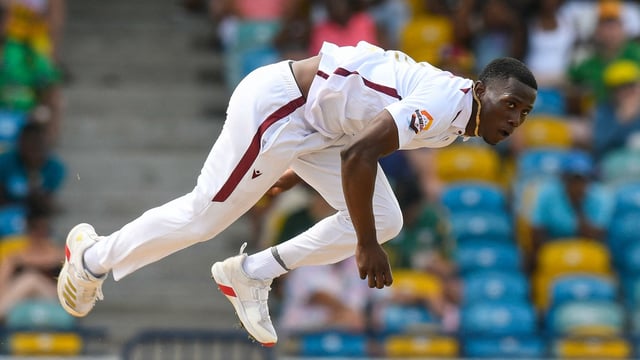 Shamar Joseph of West Indies bowls during the first day of the 1st test match against Australia at Kensington Oval, Bridgetown, Barbados