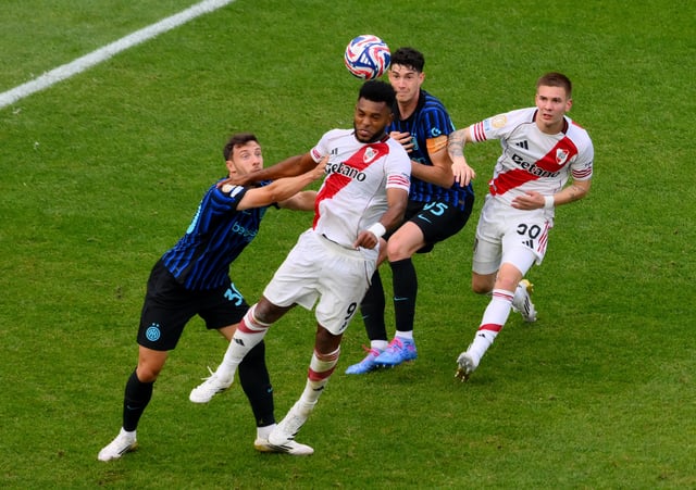Soccer Football - FIFA Club World Cup - Group E - Inter Milan v River Plate - Lumen Field, Seattle, Washington, U.S. - June 25, 2025 River Plate's Miguel Borja in action with Inter Milan's Carlos Augusto IMAGN IMAGES via Reuters/Steven Bisig