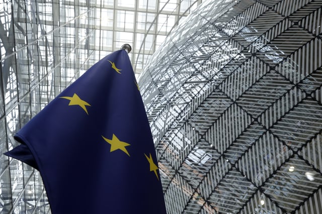 FILE - The European Union flag stands inside the atrium at the European Council building in Brussels, June 17, 2024. (AP Photo/Omar Havana, file)