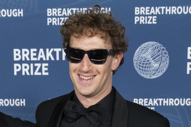 SANTA MONICA, CALIFORNIA - APRIL 05: Priscilla Chan and Mark Zuckerberg attend the 2025 Breakthrough Prize Ceremony at Barker Hangar on April 05, 2025 in Santa Monica, California. (Photo by Craig T Fruchtman/Getty Images)