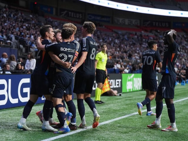  San Diego FC’s Milan Iloski, left, celebrates his third goal against the Vancouver Whitecaps during the first half of an MLS soccer match, in Vancouver, on Wednesday, June 25, 2025.