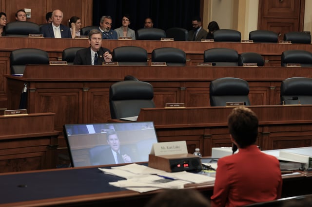 Senior Advisor for the U.S. Agency for Global Media Kari Lake listens as Rep. Greg Stanton (D-AZ) questions her during a House Committee on Foreign Affairs hearing on June 25, 2025 in Washington, DC. The hearing is entitled “Spies, Lies, and Mismanagement: Examining the U.S. Agency for Global Media’s Downfall”. (Photo by Joe Raedle/Getty Images)