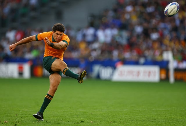 Rugby Union - Rugby World Cup 2023 - Pool C - Australia v Portugal - Stade Geoffroy-Guichard, Saint-Etienne, France - October 1, 2023  Australia's Ben Donaldson scores a penalty REUTERS/Paul Childs/File Photo