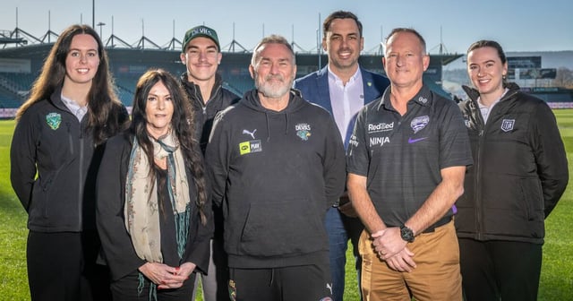 Sophie Winter, Michelle Saward, Hamish Bateman, Darrin Geard, Jesse O'Hara, Greg Hechter and Lily Mills at the Tasmania Academy of Leadership and Sport's expansion announcement. Pictures by Craig George