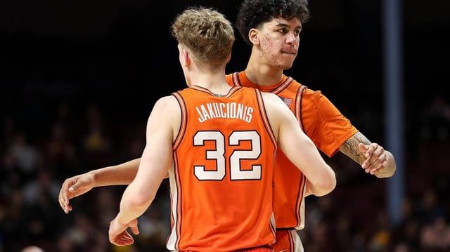 Feb 8, 2025; Minneapolis, Minnesota, USA; Illinois Fighting Illini forward Will Riley (7) and guard Kasparas Jakucionis (32) celebrate during the second half against the Minnesota Golden Gophers at Williams Arena. © Matt Krohn-Imagn Images