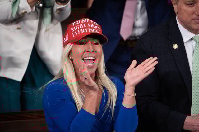 Rep. Marjorie Taylor Greene cheers during President Donald Trump's address to a joint session of Congress in the House Chamber of the U.S. Capitol on Tuesday, March 4, 2025. (Tom Williams/CQ-Roll Call, Inc via Getty Images)