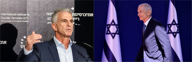 Photos du chef du Mossad David Barnea en 2023 (à gauche) et de l'ancien ministre israélien de la Sécurité publique Omer Bar Lev en 2021 (à droite).