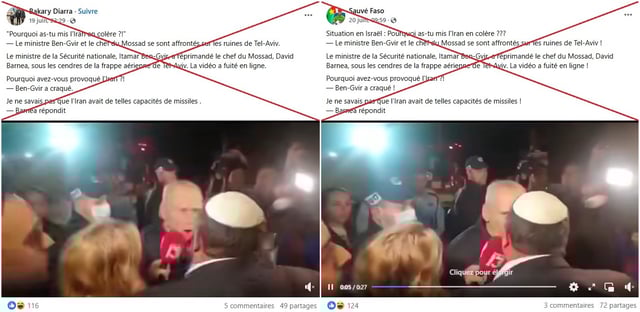 Captures d'écran de publications Facebook, prises le 24 juin 2025 / Croix ajoutées par la rédaction de l'AFP.
