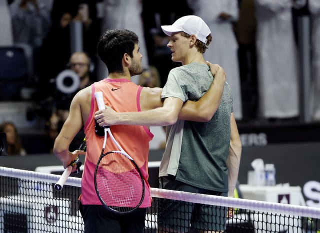 Tennis - 6 Kings Slam - Riyadh, Saudi Arabia - October 19, 2024 Italy's Jannik Sinner with Spain's Carlos Alcaraz after winning the final REUTERS/Hamad I Mohammed/File Photo