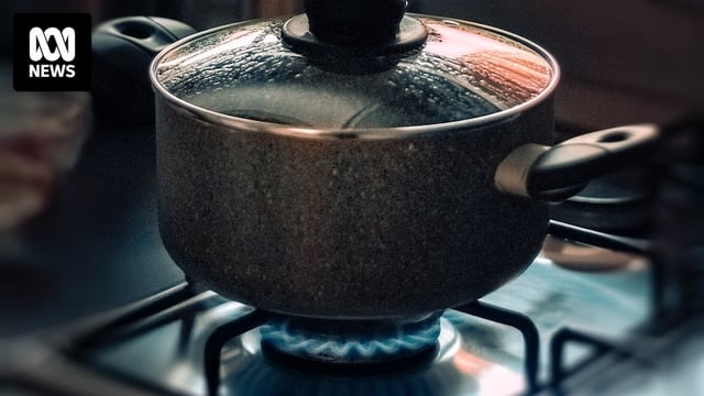 A glass-lid saucepan sits on a gas cooktop