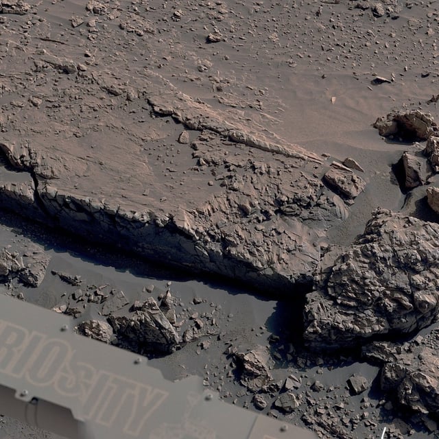 A rocky Martian feature, which resembles a crumbling street curb, is part of a boxwork pattern that stretches for miles in a section of Gale Crater that NASA's Curiosity rover is now exploring.