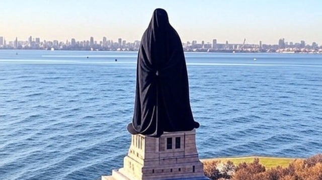 An edited pic shows the Statue of Liberty covered in a burqa