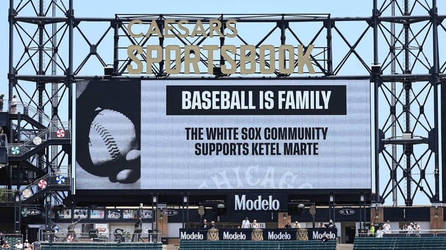 The Chicago White Sox display a sign in solidarity with the Arizona Diamondbacks’ Ketel Marte after he was verbally abused at the previous night’s game, at Rate Field on Wednesday, June 25, 2025, in Chicago. (Geoff Stellfox/Getty Images/TNS)
