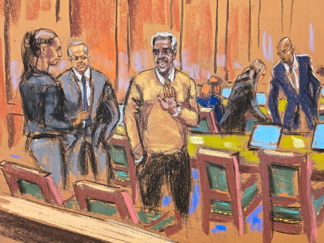 Sean "Diddy" Combs waves to supporters as he arrives with his defense lawyers during Combs' sex trafficking trial in New York City, New York, U.S., June 24, 2025 in this courtroom sketch. REUTERS/Jane Rosenberg