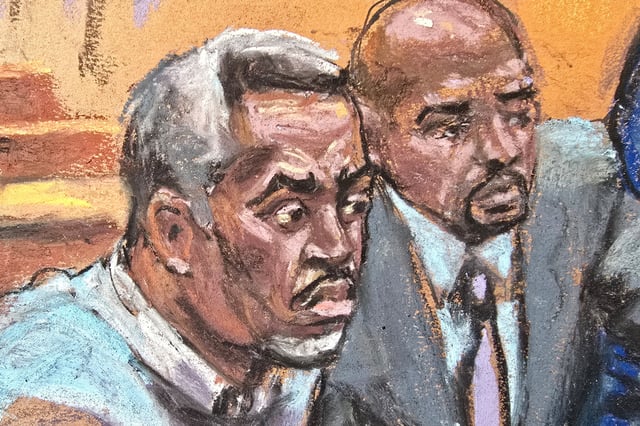 Sean "Diddy" Combs attends a charge conference with his defense lawyer Xavier R. Donaldson during Combs' sex trafficking trial in New York City, New York, U.S., June 25, 2025 in this courtroom sketch. REUTERS/Jane Rosenberg