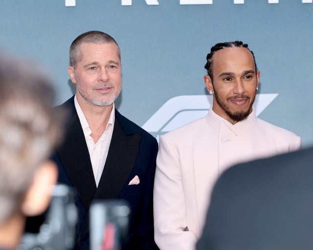 (L-R) Brad Pitt and Lewis Hamilton attend the Apple Original Films &amp; Warner Bros. Pictures &#34;F1&#34; World Premiere in Times Square on June 16, 2025 in New York City.
