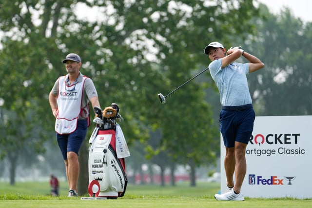 Collin Morikawa of the United States hits a tee shot on the seventh hole during a practice round prior to the Rocket Mortgage Classic at Detroit Golf Club on June 28, 2023 in Detroit, Michigan.