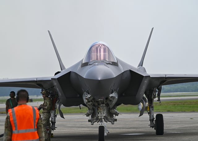 Airmen from the 158th Fighter Wing perform rearming and refueling operations for an F-35 Lightning II during a Distributed Integrated Combat (D-ICT) exercise, June 12, 2025, at Westover Air Reserve Base, Chicopee, Mass.
