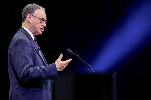 Bank of England Governor Andrew Bailey addresses the Irish Association of Investment Managers (IAIM) annual dinner in Dublin, Ireland, May 29, 2025. REUTERS/Clodagh Kilcoyne/File Photo