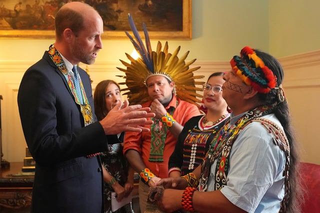 Prince William, the Prince of Wales, as Founder of The Royal Foundation's United for Wildlife programme, meets Kleber Karipuna, Indigenous leader of the Karipuna people from Amapa, Jennifer Lasimbang, Former Member of Sabah State Legislative Assembly, and Juan Carlos Jintiach, General Secretary for The Global Alliance of Territorial Communities, as he attends a high-level roundtable entitled "Nature's Guardians: On the Road to COP30 & Beyond" at St James's Palace in London, Britain June 26, 2025.     Frank Augstein/Pool via REUTERS
