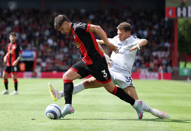 Soccer Football - Premier League - AFC Bournemouth v Leicester City - Vitality Stadium, Bournemouth, Britain - May 25, 2025 AFC Bournemouth's Milos Kerkez in action with Leicester City's Kasey McAteer Action Images via Reuters/John Sibley EDITORIAL USE ONLY. NO USE WITH UNAUTHORIZED AUDIO, VIDEO, DATA, FIXTURE LISTS, CLUB/LEAGUE LOGOS OR 'LIVE' SERVICES. ONLINE IN-MATCH USE LIMITED TO 120 IMAGES, NO VIDEO EMULATION. NO USE IN BETTING, GAMES OR SINGLE CLUB/LEAGUE/PLAYER PUBLICATIONS. PLEASE CONTACT YOUR ACCOUNT REPRESENTATIVE FOR FURTHER DETAILS../File Photo