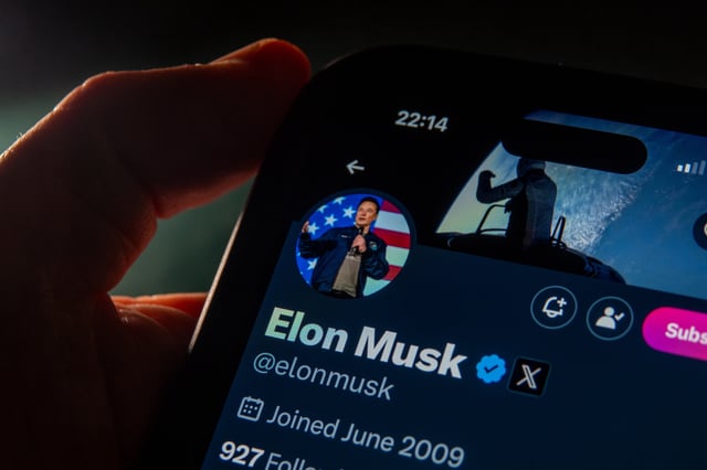The profile page of tech billionaire Elon Musk is displayed on a smartphone screen on January 7, 2025 in Bath, England.