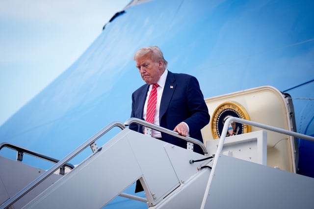 U.S. President Donald Trump returns from the 2025 NATO Summit on June 24, 2025 at Joint Base Andrews, Maryland.