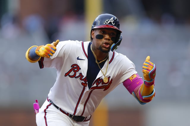 ATLANTA, GEORGIA - JUNE 18: Ronald Acuña Jr. #13 of the Atlanta Braves reacts after hitting a lead-off home run during the first inning against the New York Mets at Truist Park on June 18, 2025 in Atlanta, Georgia.