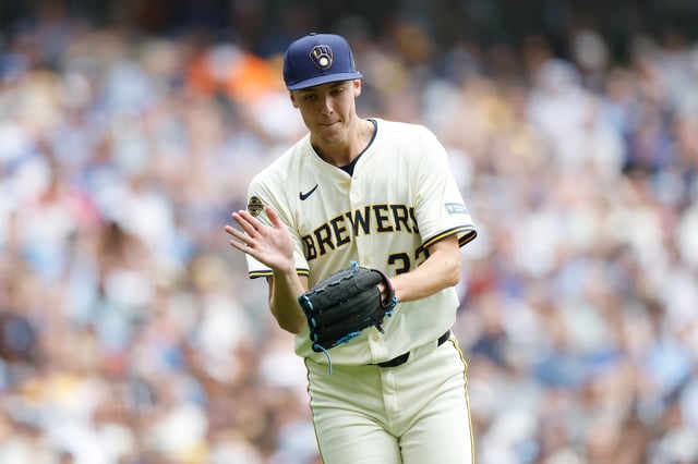 MILWAUKEE, WISCONSIN - JUNE 25: Jacob Misiorowski #32 of the Milwaukee Brewers reacts after striking out a batter in the fifth inning against the Pittsburgh Pirates at American Family Field on June 25, 2025 in Milwaukee, Wisconsin.