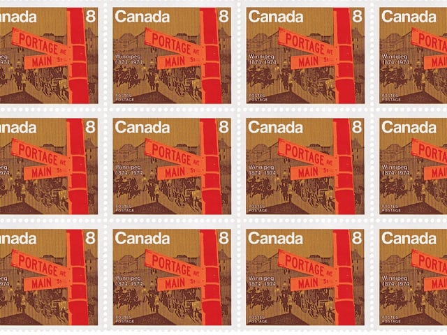 The intersection of Portage Ave. and Main St. as featured on this Canadian postage stamp issued in 1974 to commemorate the city of Winnipeg's centennial year.