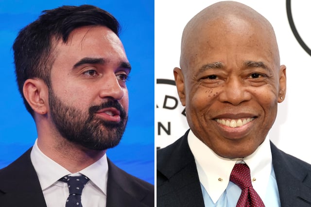 Democratic mayoral candidate Zohran Mamdani pictured on June 4, 2025 in New York City (left) and New York Mayor Eric Adams attending the 2025 &#34;Made in NY&#34; Awards at Gracie Mansion on June 16, 2025 in New York City (right).