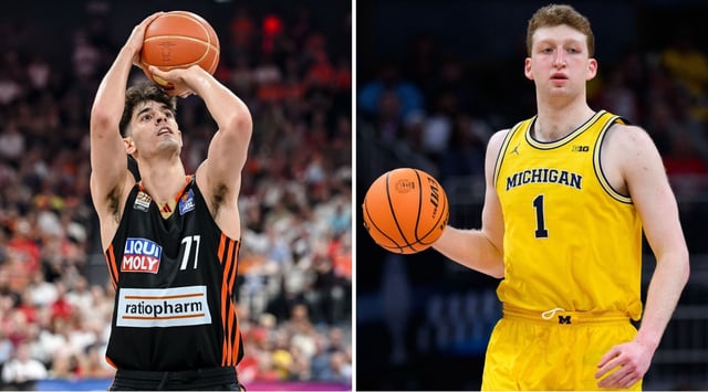 Israeli Ben Saraf, left, a 19-year-old currently playing in the German professional league, and Israeli-American Danny Wolf, a 7-footer from the University of Michigan, were picked by the Brooklyn Nets in the NBA draft, June 25, 2025. (Getty Images)