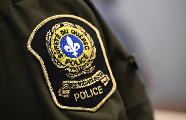 The Surete du Quebec, or Quebec Provincial Police patch at a news conference, in Quebec City on February 29, 2024. THE CANADIAN PRESS/Jacques Boissinot
