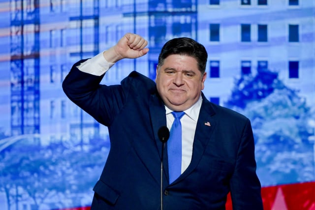 J.B. Pritzker, governor of Illinois, during the Democratic National Convention (DNC) at the United Center in Chicago, Illinois, US, on Tuesday, Aug. 20, 2024. The Democratic National Convention this week marks the ceremonial crowning of Vice President Kamala Harris and Minnesota Governor Tim Walz as the party’s presidential nominees, capping off a whirlwind month for Democrats who quickly coalesced behind the new ticket after President Joe Biden dropped out of the race in July. Photographer: David Paul Morris/Bloomberg via Getty Images
