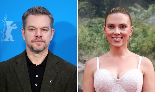 Left: Producer Matt Damon poses at the &#34;Small Things Like These&#34; photocall during the 74th Berlinale International Film Festival Berlin at Grand Hyatt Hotel on February 15, 2024 in Berlin, Germany. Right: Scarlett Johansson attends the &#34;Jurassic World Rebirth&#34; New York Premiere at Lincoln Center on June 23, 2025 in New York City.