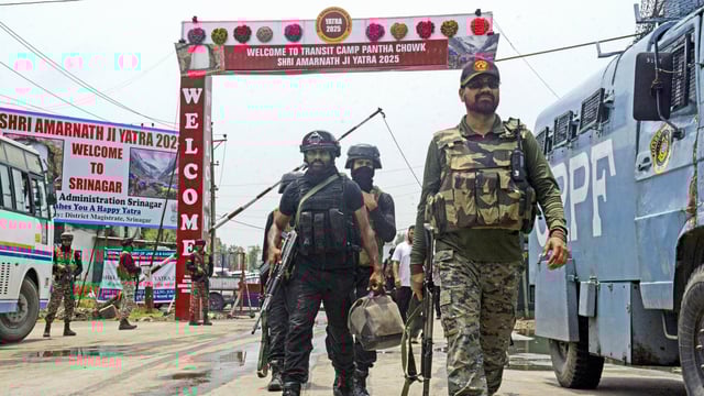Jammu and Kashmir Police Special Operation Group (SOG) personnel during a mock drill on coordination and emergency response, ahead of the annual Amarnath Yatra, at a transit camp at Pantha Chowk, on the outskirts of Srinagar on Wednesday. 