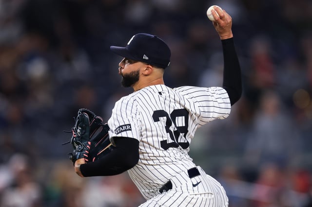 NEW YORK, NEW YORK - JUNE 03: Devin Williams #38 of the New York Yankees throws a pitch during the ninth inning of the game against the Cleveland Guardians at Yankee Stadium on June 03, 2025 in New York City.