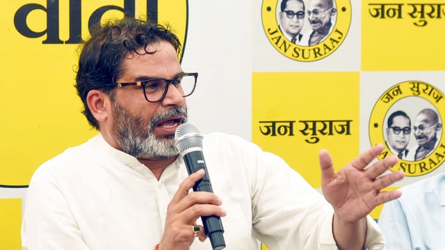 Jan Suraaj Party (JSP) Chief Prashant Kishor addresses a press conference at the party office in Patna.
